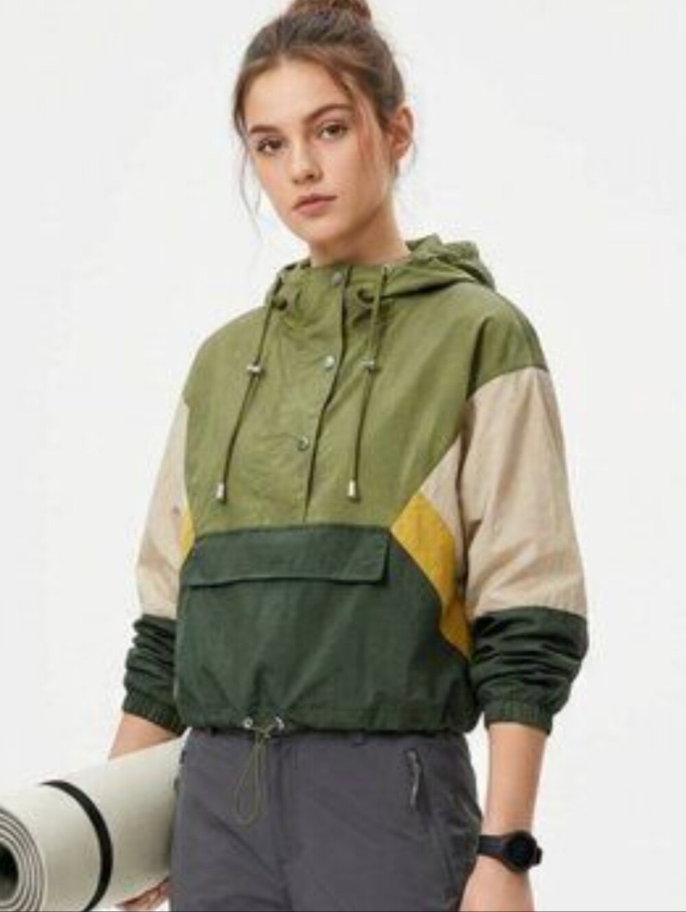 Rue21 Colorblock Hooded Utility Windbreaker in Olive, Dark Green, Beige & Yellow